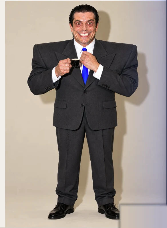 HIMOTHY in his charcoal power suit holding a tiny espresso